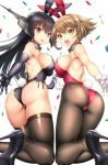  2girls animal_ears ass bare_shoulders black_hair breasts brown_eyes brown_hair bunny_girl bunny_tail bunnysuit commentary_request elbow_gloves gloves headgear high_heels kantai_collection kase_daiki large_breasts long_hair multiple_girls mutsu_(kantai_collection) nagato_(kantai_collection) rabbit_ears short_hair stiletto_heels tail white_gloves 