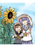  aoba_(kantai_collection) betchan braid brown_hair closed_eyes clouds dated flower hairband hat kantai_collection ponytail purple_hair school_uniform serafuku sky smile straw_hat sunflower sweatdrop teruzuki_(kantai_collection) twin_braids v violet_eyes 