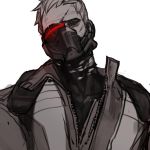 1boy bodysuit broken_glasses broken_mask covered_mouth face_mask jacket looking_at_viewer male_focus mask overwatch scar scar_across_eye short_hair simple_background soldier:_76_(overwatch) solo spot_color torn_bodysuit torn_clothes upper_body visor white_background 