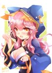  1girl animal_ears bell bell_collar blush breasts cleavage collar dated detached_sleeves fang fate/extra fate/grand_order fate_(series) fox_ears fox_tail hood japanese_clothes large_breasts open_mouth paw_pose pink_hair puyue signature solo tail tamamo_(fate)_(all) tamamo_no_mae_(fate) yellow_eyes 
