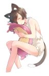  1girl animal_ears bad_id bare_shoulders barefoot blush brown_hair cat_ears cat_tail closed_eyes cropped_legs lying object_hug on_back original short_hair simple_background sleeping solo stuffed_toy tail u_(mikaduki0720) white_background 
