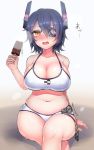 1girl bikini blush breasts checkered checkered_necktie cleavage doyouwantto eyepatch fang headgear hot kantai_collection large_breasts navel necktie open_mouth plump popsicle purple_hair short_hair solo sweat swimsuit tenryuu_(kantai_collection) wavy_mouth white_bikini yellow_eyes 