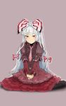  1girl alternate_costume blush boots bow cross dress earrings fujiwara_no_mokou gothic_lolita hair_bow highres jewelry kneeling lolita_fashion long_hair red_eyes silver_hair simple_background sinzan sketch touhou very_long_hair 