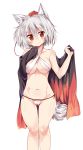  1girl albino animal_ears bikini blush breasts collarbone frown hat head_tilt highres inubashiri_momiji looking_at_viewer maturiuta_sorato midriff navel red_eyes short_hair simple_background solo standing string swimsuit tail tokin_hat touhou white_background white_bikini white_hair wolf_ears wolf_tail 