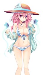  1girl alternate_costume alternate_headwear bare_legs bare_shoulders bikini blue_bikini breasts butterfly frilled_bikini frills front-tie_top hair_between_eyes halter_top halterneck hat highres jewelry large_breasts light_smile looking_at_viewer maturiuta_sorato midriff navel pendant pink_eyes pink_hair saigyouji_yuyuko see-through straw_hat swimsuit thighs touhou triangular_headpiece 