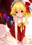  1girl ascot bloomers crystal flandre_scarlet hat homua long_hair looking_at_viewer mob_cap side_ponytail sitting sketch sleeveless solo thighs touhou underwear wariza wings 