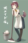  1girl ;) animal_ears apron bare_shoulders black_legwear blue_shoes blush brown_eyes brown_hair bucket dog_ears dog_tail dress eyebrows full_body green_background hat head_tilt maid mary_janes mop one_eye_closed original pantyhose shoes short_hair simple_background sleeveless sleeveless_dress smile solo standing tail thick_eyebrows u_(mikaduki0720) white_hat 