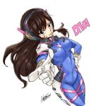  1girl armor artist_name bangs bodysuit bracer breasts brown_eyes brown_hair bunny_print closed_mouth commentary_request covered_navel cowboy_shot d.va_(overwatch) eyebrows eyebrows_visible_through_hair facepaint facial_mark finger_gun gloves hand_on_hip headphones headset high_collar large_breasts long_hair looking_at_viewer mashima_hiro overwatch pauldrons pilot_suit pointing pointing_at_viewer rabbit ribbed_bodysuit shoulder_pads signature simple_background skin_tight solo thigh_strap turtleneck whisker_markings white_background white_gloves 