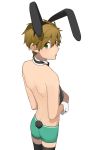  1boy black_legwear brown_hair bunny_tail detached_sleeves free! green_eyes high_speed! ku_(pixiv_19193156) male_focus rabbit_ears shota swim_trunks tachibana_makoto tail thigh-highs topless 