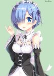  1girl :d black_dress blue_eyes blue_hair blush breasts circle_name commentary_request detached_sleeves dress eyes_visible_through_hair face frills green_background hair_ornament hair_over_one_eye looking_at_viewer maid maid_headdress open_mouth pinky_out re:zero_kara_hajimeru_isekai_seikatsu rem_(re:zero) ribbon short_hair simple_background smile solo sousouman upper_body x_hair_ornament 