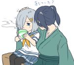  2girls betchan blue_eyes blue_hair cup grey_hair hamakaze_(kantai_collection) hand_on_another&#039;s_head japanese_clothes kantai_collection multiple_girls pantyhose petting school_uniform serafuku short_hair sitting socks souryuu_(kantai_collection) steam tearing_up tears twintails 