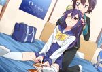  1boy 1girl bag blurry book brother_and_sister brown_hair brush gj-bu highres kneeling long_hair mousou_(mousou_temporary) one_eye_closed purple_hair school_uniform shinomiya_kasumi shinomiya_kyouya short_hair siblings socks violet_eyes 