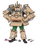  1boy amazon_(company) black_boots black_shirt blackbookalpha boots box cardboard_box cardboard_box_gundam commentary costume drawing duct_tape full_body green_pants hands_on_hips marker overwatch pants reinhardt_(overwatch) scissors shirt simple_background solo standing t-shirt white_background 