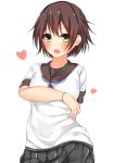  1girl alternate_hairstyle breasts brown_hair fubuki_(kantai_collection) green_eyes hair_ornament hairclip heart highres kantai_collection looking_at_viewer open_mouth pikatchi remodel_(kantai_collection) school_uniform serafuku short_hair simple_background smile solo 