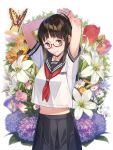  1girl :&gt; arms_up black_skirt brown_eyes brown_hair butterfly closed_mouth collarbone floral_background flower glasses hair_tie highres hydrangea lily_(flower) looking_at_viewer midriff navel neckerchief original oto_(ginswallow) pleated_skirt red-framed_eyewear school_uniform semi-rimless_glasses serafuku shirt short_sleeves skirt solo tulip under-rim_glasses white_background white_shirt 