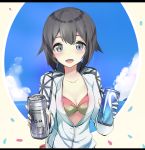  1girl :d beer_can bikini_top black_hair blue_eyes blue_sky blush can clouds collarbone grey_eyes hayasui_(kantai_collection) heavens_thunder_(byakuya-part2) jacket kantai_collection long_sleeves looking_at_viewer open_clothes open_jacket open_mouth short_hair sky smile solo track_jacket zipper 