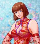  1girl anna_williams bangs bare_shoulders blue_eyes bob_cut breasts brown_hair china_dress chinese_clothes cleavage cleavage_cutout dress elbow_gloves eyebrows gloves lipstick makeup nardo red_dress short_hair signature solo tekken 