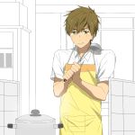  1boy apron brown_hair green_eyes high_speed! kitchen ku_(pixiv_19193156) male_focus tachibana_makoto 