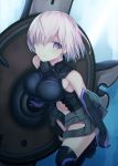  1girl :o bare_shoulders black_boots black_gloves boots breasts center_opening elbow_gloves eyebrows eyebrows_visible_through_hair fate/grand_order fate_(series) gloves grey_skirt hair_over_one_eye highres large_breasts monobe_tsukuri navel parted_lips pink_hair shield shielder_(fate/grand_order) short_hair skirt solo stomach thigh-highs thigh_boots 