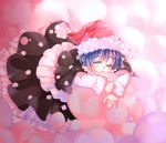  1girl blue_eyes blue_hair blush capelet doremy_sweet dress hat highres long_sleeves looking_to_the_side natsu-ky nightcap one_eye_closed pom_pom_(clothes) short_hair smile solo touhou zzz 