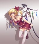  1girl alternate_costume bent_over blonde_hair breasts choker cleavage collarbone crystal fangs flandre_scarlet garter_straps gradient gradient_background hair_ribbon hater_(hatater) highres jewelry laevatein leg_up looking_to_the_side looking_up midriff miniskirt necklace off_shoulder piercing red_eyes ribbon shirt short_hair short_sleeves side_ponytail skirt skirt_set smile solo t-shirt thigh-highs tongue tongue_out tongue_piercing touhou upskirt v white_legwear wings wrist_cuffs zettai_ryouiki 