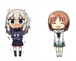  2girls blouse blue_eyes brown_eyes brown_hair chibi collar commentary_request female girls_und_panzer green_skirt itsumi_erika kanikama long_sleeves lowres multiple_girls nishizumi_miho open_mouth pleated_skirt school_uniform serafuku short_hair simple_background skirt smile sweatdrop trembling uniform white_background white_blouse 