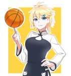  1girl basketball blonde_hair chinese_clothes hair_ornament hairclip hand_on_hip highres index_finger_raised looking_at_viewer lulu_heika panda_print short_hair smile solo tennessee_(zhan_jian_shao_nyu) zhan_jian_shao_nyu 