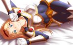 1girl absurdres armor blonde_hair blue_eyes bodysuit breastplate covered_navel danfer3 female gloves hairband highres league_of_legends looking_at_viewer luxanna_crownguard lying on_back smile solo spandex white_gloves wide_hips 