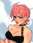  1girl blue_eyes bra breasts choker cleavage collarbone frown highres jojo_no_kimyou_na_bouken jonya lipstick makeup medium_breasts pink_hair pink_lipstick short_hair solo strap trish_una underwear upper_body 