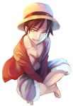  1boy barefoot brown_eyes brown_hair denim_shorts full_body fur_trim hat hat_ribbon indian_style long_sleeves looking_at_viewer male_focus monkey_d_luffy one_piece open_clothes open_shirt parted_lips red_shirt scar shirt shorts simple_background sitting smile solo straw_hat white_background 