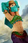  1boy abs alternate_costume armpits arms_behind_head blonde_hair blue_eyes crossdressinging detached_sleeves gerudo_link haru3201 highres link looking_at_viewer navel otoko_no_ko pointy_ears solo stomach the_legend_of_zelda the_legend_of_zelda:_breath_of_the_wild toned toned_male veil 