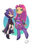  2girls alien artist_request belt cloak dc_comics flying green_eyes green_sclera hand_on_hip hood leotard midriff multiple_girls pixie_boots purple_shoes purple_skirt raven_(dc) redhead shoes skirt smile starfire teen_titans teen_titans_go! thigh_boots vambraces 