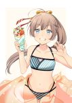  1girl ahoge bare_shoulders bikini blue_eyes blush brown_hair collarbone commentary_request crepe food fruit hair_ribbon kantai_collection kazagumo_(kantai_collection) long_hair looking_at_viewer navel open_mouth ponytail ribbon smile solo striped striped_bikini swimsuit tsurime ume_(plumblossom) 