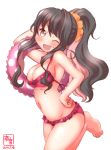  1girl :d ;d alternate_hairstyle arm_behind_head arm_up artist_name bare_shoulders barefoot bikini black_hair blush breasts dated frilled_bikini frills hair_ornament hair_scrunchie hand_on_hip highres kanon_(kurogane_knights) kantai_collection large_breasts leg_up lifebuoy long_hair looking_at_viewer multicolored_hair naganami_(kantai_collection) navel one_eye_closed open_mouth pink_hair ponytail scrunchie smile solo standing standing_on_one_leg swimsuit 