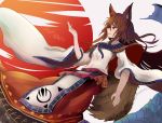  1girl animal_ears brooch brown_hair capelet dated embellished_costume from_side hair_ornament houdukixx imaizumi_kagerou jewelry long_hair profile red_eyes sash signature smile solo tail touhou wide_sleeves wolf_ears wolf_tail 