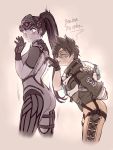  2girls arm_behind_back ass black_hair blush brown_hair english french gloves goggles head_mounted_display jacket multiple_girls murasaki-yuri open_mouth overwatch ponytail surprised tracer_(overwatch) widowmaker_(overwatch) yuri 