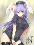  1girl alternate_costume animal_ears blush breasts commentary_request hat heart large_breasts naughty_face nurse nurse_cap purple_hair rabbit_ears red_eyes reisen_udongein_inaba solo syringe thigh-highs tirotata touhou 