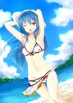  1girl ;o adapted_costume armpits arms_up beach bikini blue_hair blush breasts clouds cloudy_sky condensation_trail groin hat highres hinanawi_tenshi hip_bones long_hair looking_at_viewer medium_breasts nise_(__nise6__) one_eye_closed red_eyes sarong skinny sky solo swimsuit thigh_gap touhou very_long_hair water 