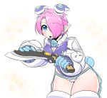  1girl blue_eyes blush breasts cleavage cleavage_cutout hair_ornament hair_over_one_eye knife kukri large_breasts looking_at_viewer open_mouth original pink_hair pointy_ears rei_(holyspirit) short_hair solo thigh-highs weapon zefirumu 