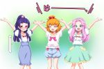  3girls :d ^_^ arms_up asahina_mirai blonde_hair closed_eyes embarrassed flying_sweatdrops green_eyes hanami_kotoha highres izayoi_liko kazuma_muramasa mahou_girls_precure! multiple_girls open_mouth outstretched_arms pink_hair precure purple_hair red_eyes smile spread_arms 