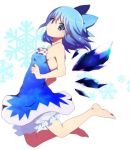  1girl adapted_costume barefoot bloomers blue_dress blue_eyes blue_hair blush breasts cirno dress full_body hair_ribbon ice ice_wings looking_at_viewer ribbon short_dress short_hair sleeveless small_breasts snowflakes solo touhou underwear white_background wings you_(noanoamoemoe) 