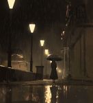  1girl building highres lamppost night original rain reflection scenery sepia sketch snatti solo umbrella 