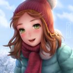  1girl :d beanie blush brown_hair clouds coat fur_trim green_eyes hat kotikomori open_mouth outdoors red_scarf scarf sky smile solo teeth tree upper_body winter_clothes winter_coat 