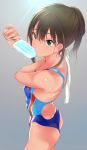  1girl blush competition_swimsuit double_bun earrings green_eyes highres idolmaster idolmaster_cinderella_girls idolmaster_cinderella_girls_starlight_stage jewelry looking_at_viewer nitta_minami nitta_minami_(cosplay) one-piece_swimsuit popsicle q_(ed69) shibuya_rin solo swimsuit towel 