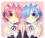  2girls :o blue_eyes blue_hair blush character_name detached_sleeves eyebrows eyebrows_visible_through_hair hair_ribbon hand_holding heart heart-shaped_pupils highres interlocked_fingers looking_at_viewer maid maid_headdress moyataso multiple_girls pink_background pink_hair purple_ribbon ram_(re:zero) re:zero_kara_hajimeru_isekai_seikatsu red_eyes rem_(re:zero) ribbon short_hair siblings sisters smile symbol-shaped_pupils twins x_hair_ornament 