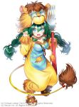  1girl animal_hood animal_slippers aqua_eyes blush breasts company_name fangs fork green_hair hood lion_hood lion_slippers long_hair noatopia official_art open_mouth oversized_object simple_background solo star-shapped_glasses twintails white_background yan&#039;yo_(yan&#039;yan&#039;yo) 