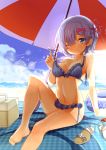  1girl ;) beach_umbrella bikini blue_eyes blue_hair breasts crab hair_over_one_eye highres knees_up one_eye_closed ootsuki_momiji re:zero_kara_hajimeru_isekai_seikatsu rem_(re:zero) sandals short_hair sitting smile solo swimsuit umbrella untied untied_bikini 