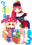  2girls :d ;) american_flag_legwear american_flag_shirt black_shirt blush breasts cleavage clothes_writing clownpiece collar colored_eyelashes cover cover_page doujin_cover fairy_wings flower gradient_eyes hair_between_eyes hands_on_hips hat hecatia_lapislazuli height_difference jester_cap large_breasts leaning_forward legs long_hair miniskirt morning_glory multicolored_eyes multicolored_skirt multiple_girls off-shoulder_shirt off_shoulder one_eye_closed open_mouth pantyhose pink_shoes plaid plaid_skirt plant potted_plant red_eyes redhead sandals sayakata_katsumi shirt shoes short_sleeves simple_background skirt smile standing thighs toes touhou translation_request very_long_hair violet_eyes white_background wings 