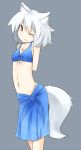  1girl animal_ears arms_behind_back blush bow collarbone grey_background inubashiri_momiji kaginoni looking_at_viewer midriff navel one_eye_closed short_hair simple_background solo standing tail touhou white_hair wolf_ears wolf_tail 