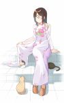  1girl :3 animal bad_id blush brown_eyes brown_hair brown_shoes cat chinese_clothes collarbone floral_print full_body long_sleeves lying on_stomach original profile shoes sideways_mouth simple_background sitting smile stairs u_(mikaduki0720) vietnamese_dress white_background |_| 